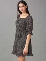 Women's Black Printed Fit and Flare Dress-HQ-24-Black