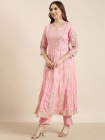 Women Anarkali Pink Floral Kurta and Trousers Set Comes With Dupatta and Potli Bag-GW-3369-Pink