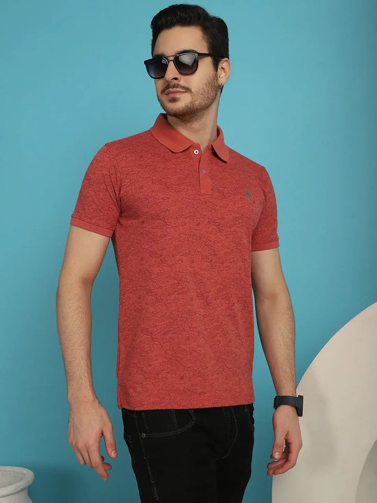 Venitian Men  Pique Matty Cotton Polo Neck Brick Colour All Over Printed T-Shirt