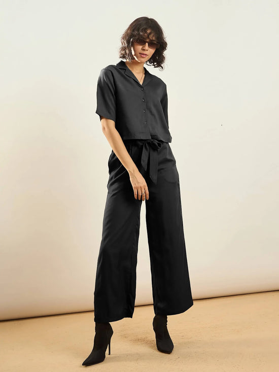 Women Black Tencel Notch Collar Crop Shirt