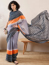 Ahika Women Grey Linen Ikat Printed Saree-VFSAR1020