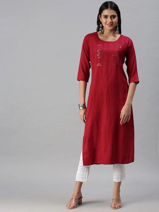 Women's Maroon Striped Straight Kurta-SKC3146-Maroon