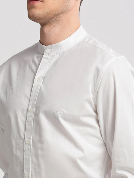 Men Mandarin Collar Solid White Casual Shirt-VERGE-2212-White