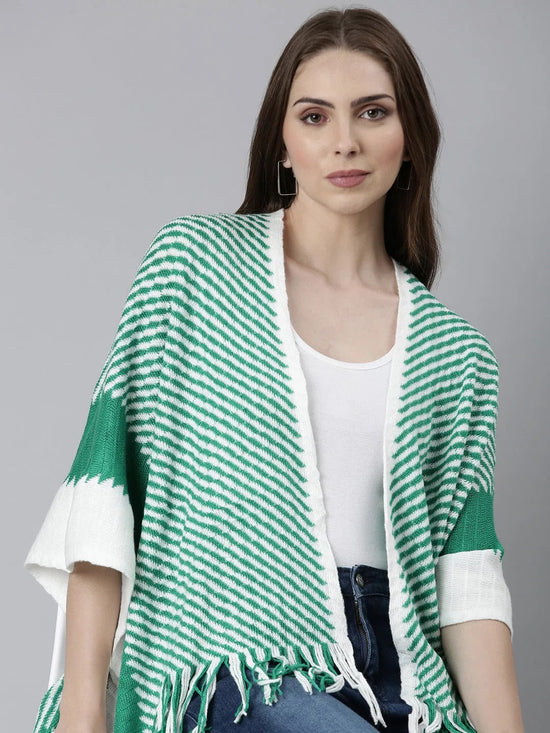 Women Green Striped Poncho-CHN-9902-Green