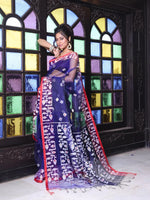 Blue Muslin Saree With Jamdani Designs-MA64MS401190019