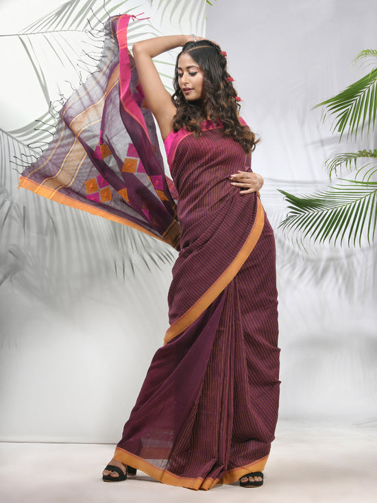 Brown Cotton Saree With Stripes Pattern-MA56CH33880046