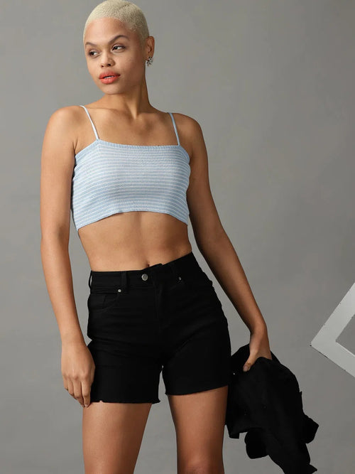 Women's Blue Striped Fitted Crop Top-TG-9A37-Blue