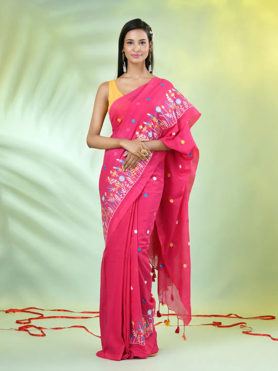 All Over Thread Floral Embroidery Pink Cotton Saree-MA62CT33610079