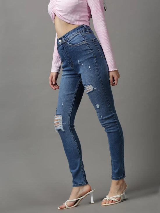 Women's Blue Solid Skinny Fit Denim Jeans-GZ-5339-1-Blue