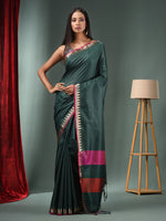 Emerald Green Blended Silk Handwoven Saree With Temple Zari Border-MA50BSL01660149