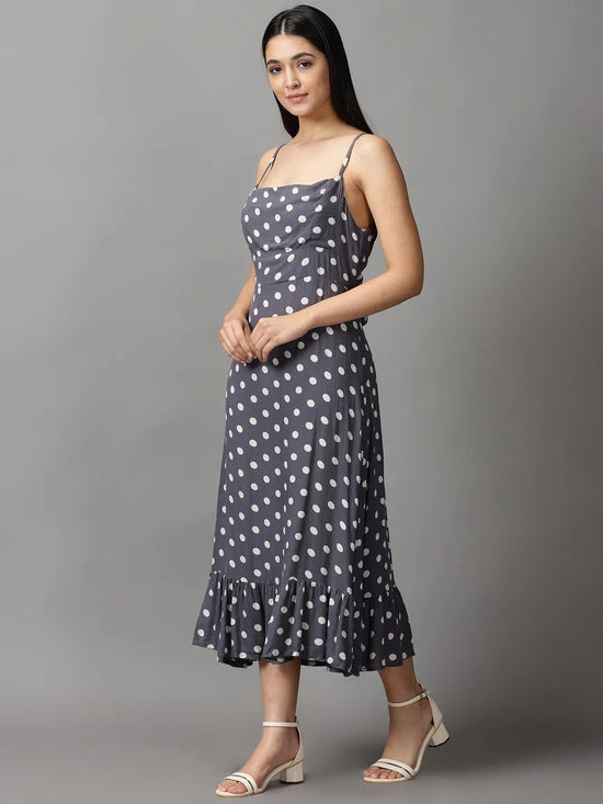 Women's Grey Polka Dots Fit and Flare Dress-AE-15703-Grey