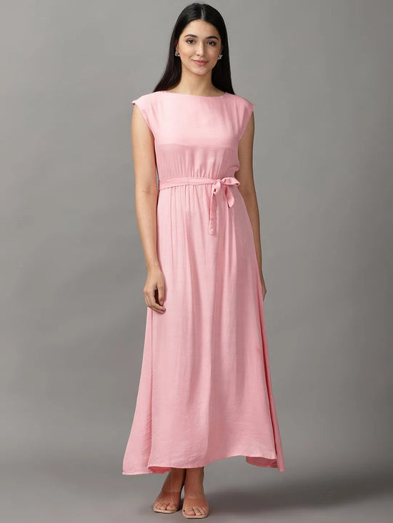 Women's Pink Solid Fit and Flare Dress-AE-15689-Pink