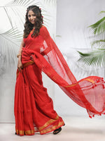 Red Linen Saree With Sequined Work In Stripes-MA56LN331160037