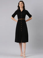 Women Black Solid Shirt Dress-DF-4759-Black