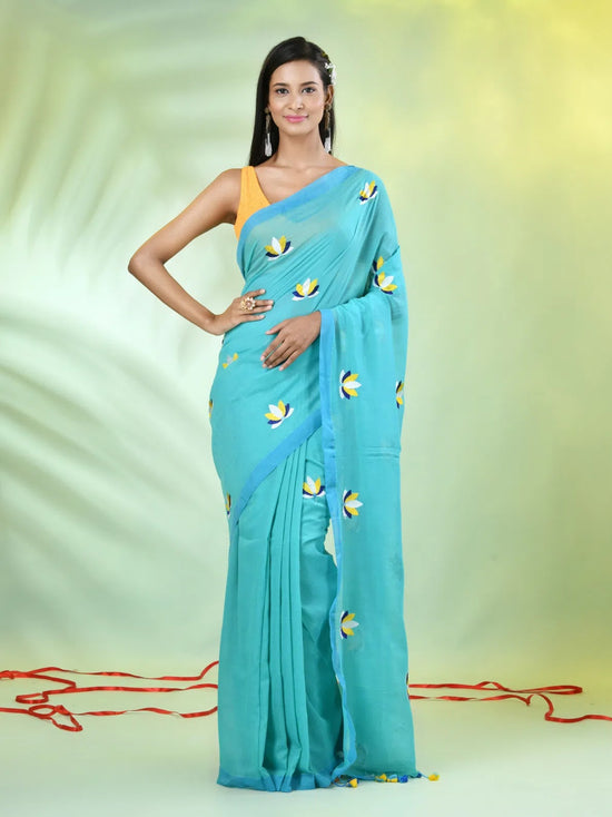 All Over Thread Embroidery Sea Green Cotton Handspun Saree-MA62CH33660048