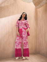 Women Fuchsia Abstract Schiffli Shirt With Wide Pants