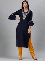 Women's Navy Blue & Yellow Solid Kurta Sets-BC924-Navyblue-Yellow