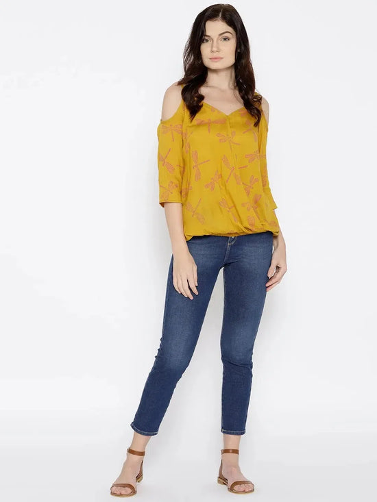 Cold Shoulder overlap printed Top in Mustard