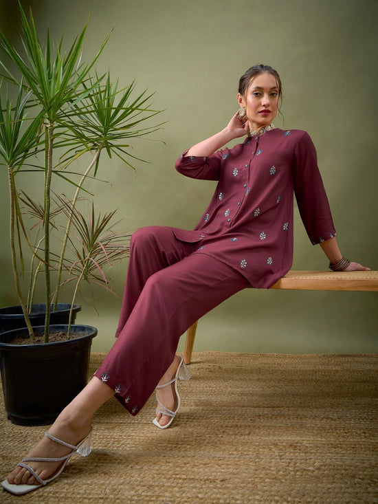 Women Pink All Over Embroidered Shirt With Palazzos