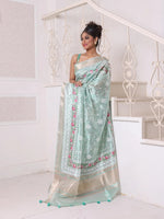 All Over Thread Embroidery Mint Green Tissue Saree With Zari Borders-MA64TIS461600005