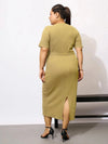 Women Khaki Rib Side Knot Bodycon Midi Dress