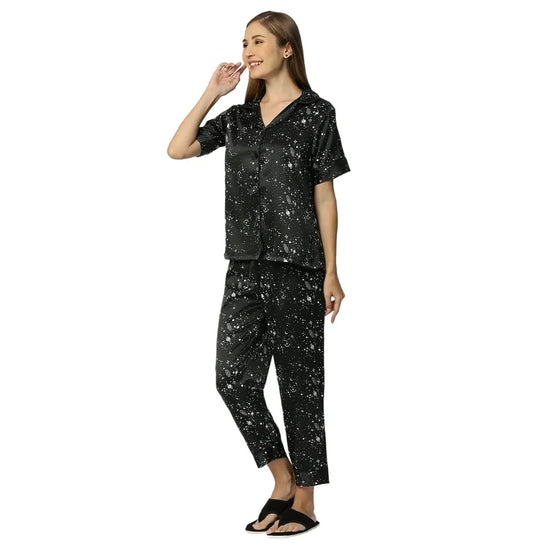 Smarty Pants Women's Silk Satin Black Color Star Galaxy Print  Night Suit-SMNSP-914-S