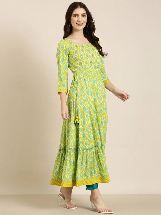 Women Lime Green Printed Anarkali Kurta-AT-A879-Limegreen