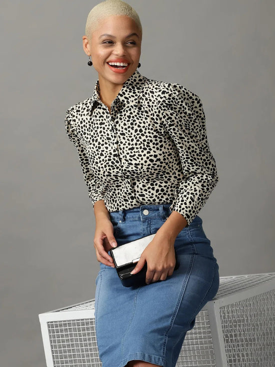 Women's Beige Printed Shirt-AE-10363-Cream