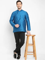 Hangup Men Standard Solid Men's Indian Wear-Turquoise_Dupion_Patch_ShortKurta