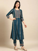 Women's Blue Checked Kurta Set-GW-2647-Teal