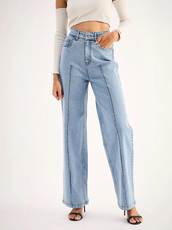 Women Blue High Waist Front Dart Straight Jeans