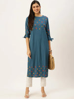 Women's Blue Embroidered Straight Kurtas-GW-486-Blue