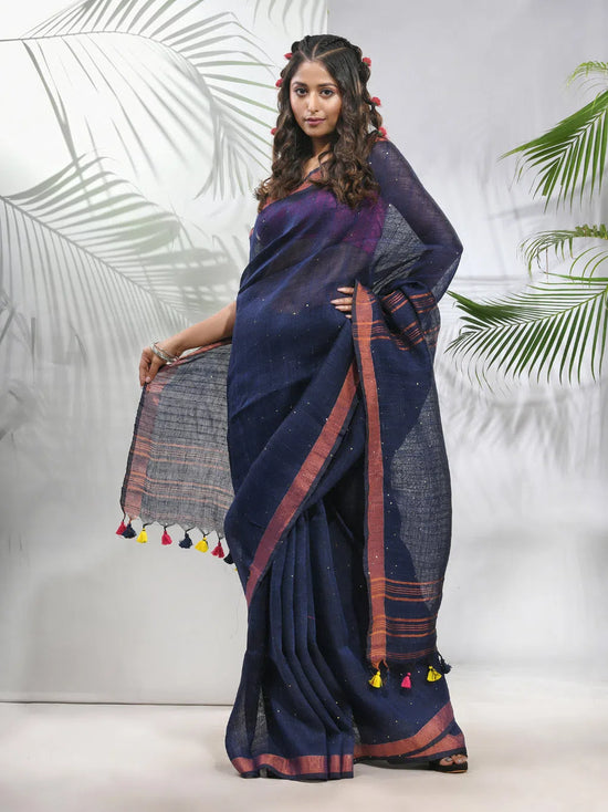 Midnight Blue Linen Saree With Sequined Work In Stripes-MA56LN331160041