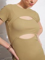 Women Khaki Rib Front Cut Out Bodycon Dress