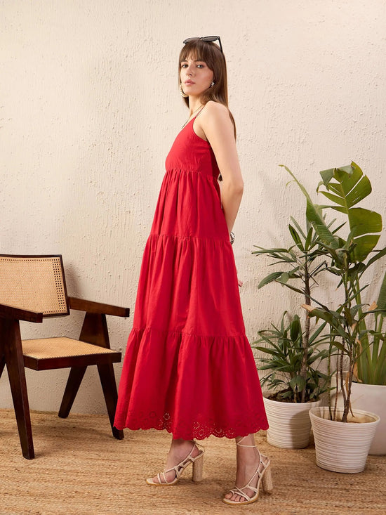 Women Red Schiffli Strappy Tiered Maxi Dress