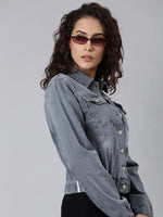 Women Grey Solid Denim Jacket-IM-10478-Grey