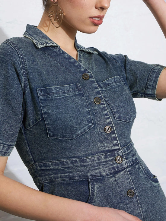 Women Blue Blast Denim Front Button Mini Dress