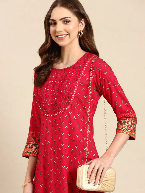 Women's Rose Printed Straight Kurta-AT-A762-Rose