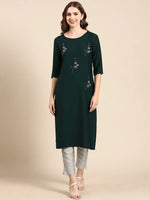 Women's Green Embellished Straight Kurta-SKC-942-Green