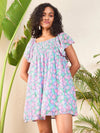 Women Pink Tulip Print Smocked Short Dress