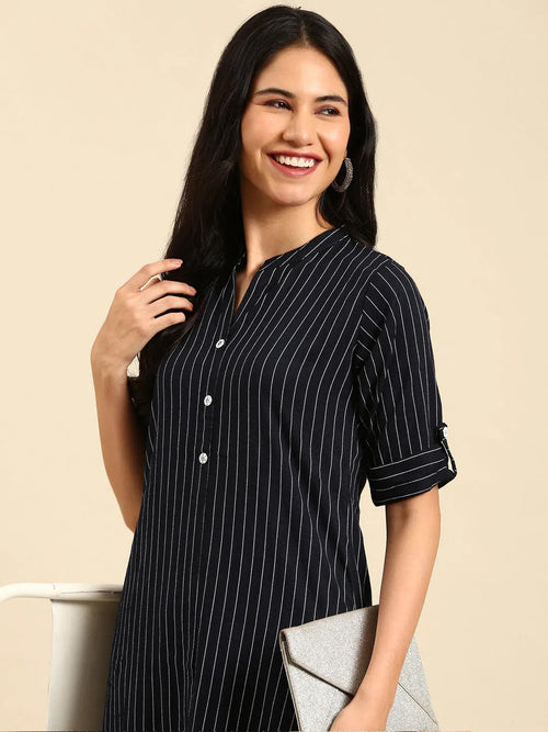 Women's Navy Blue Striped Kurta Set-SKC-7915-Navyblue