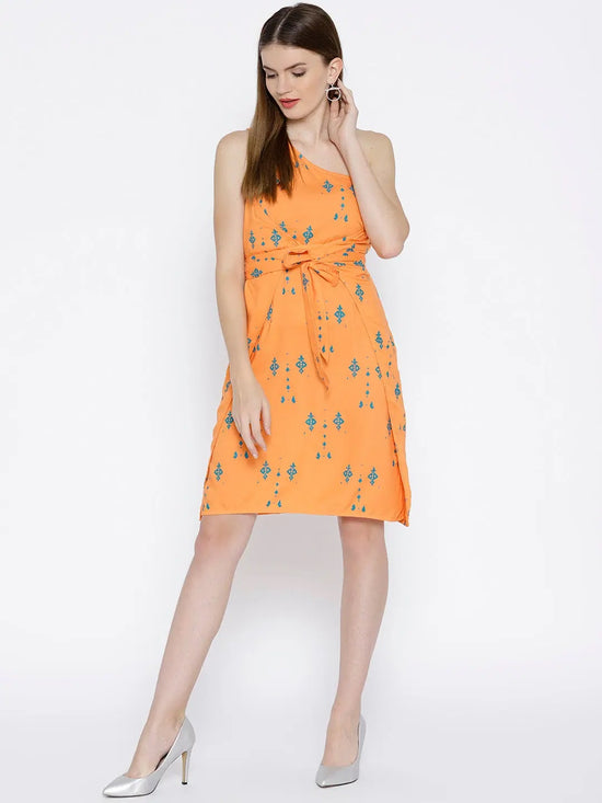 One shoulder overlap cross tie Printed Dress in Peach