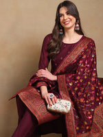 Ahika Women Burgundy Poly Chanderi Woven Design Straight Kurta Pant Set With Dupatta