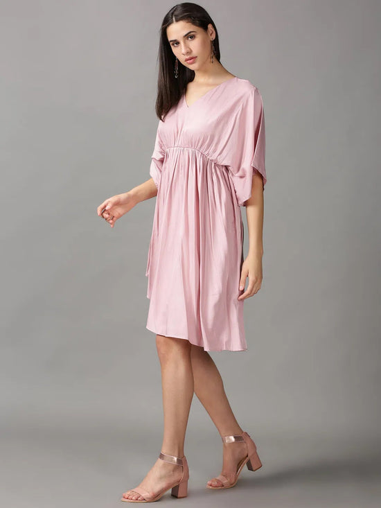 Women's Pink Solid Fit and Flare Dress-AE-15776-Pink