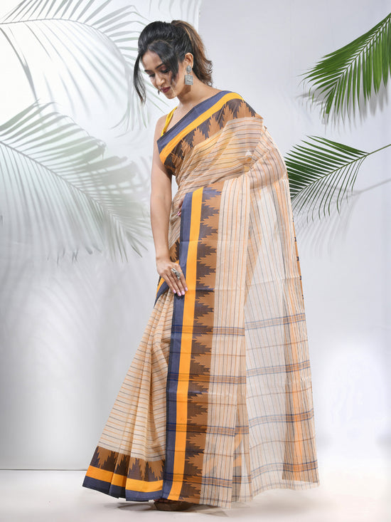 Cream Pure Cotton Tant Saree With Temple Border-MA51TT43430123