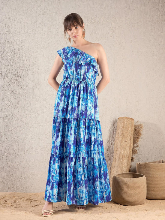 Women Blue Brushstroke Printed One Shoulder Maxi Dress