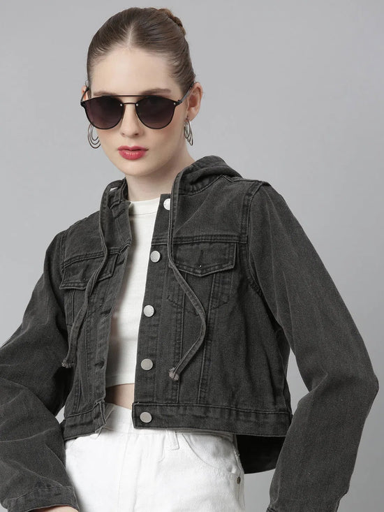 Women Black Solid Denim Jacket-CHN-369-Black