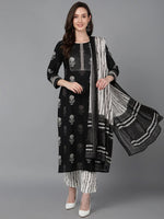 Ahika Women Black Cotton Printed Straight Kurta Pant Set With Dupatta-VKSKD1604_XS