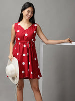 Women's Red Polka Dots Fit and Flare Dress-AE-15677-Maroon