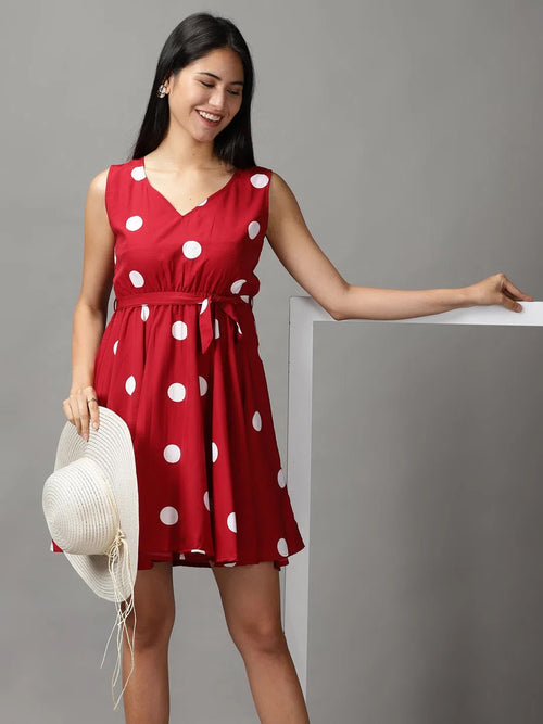 Women's Red Polka Dots Fit and Flare Dress-AE-15677-Maroon